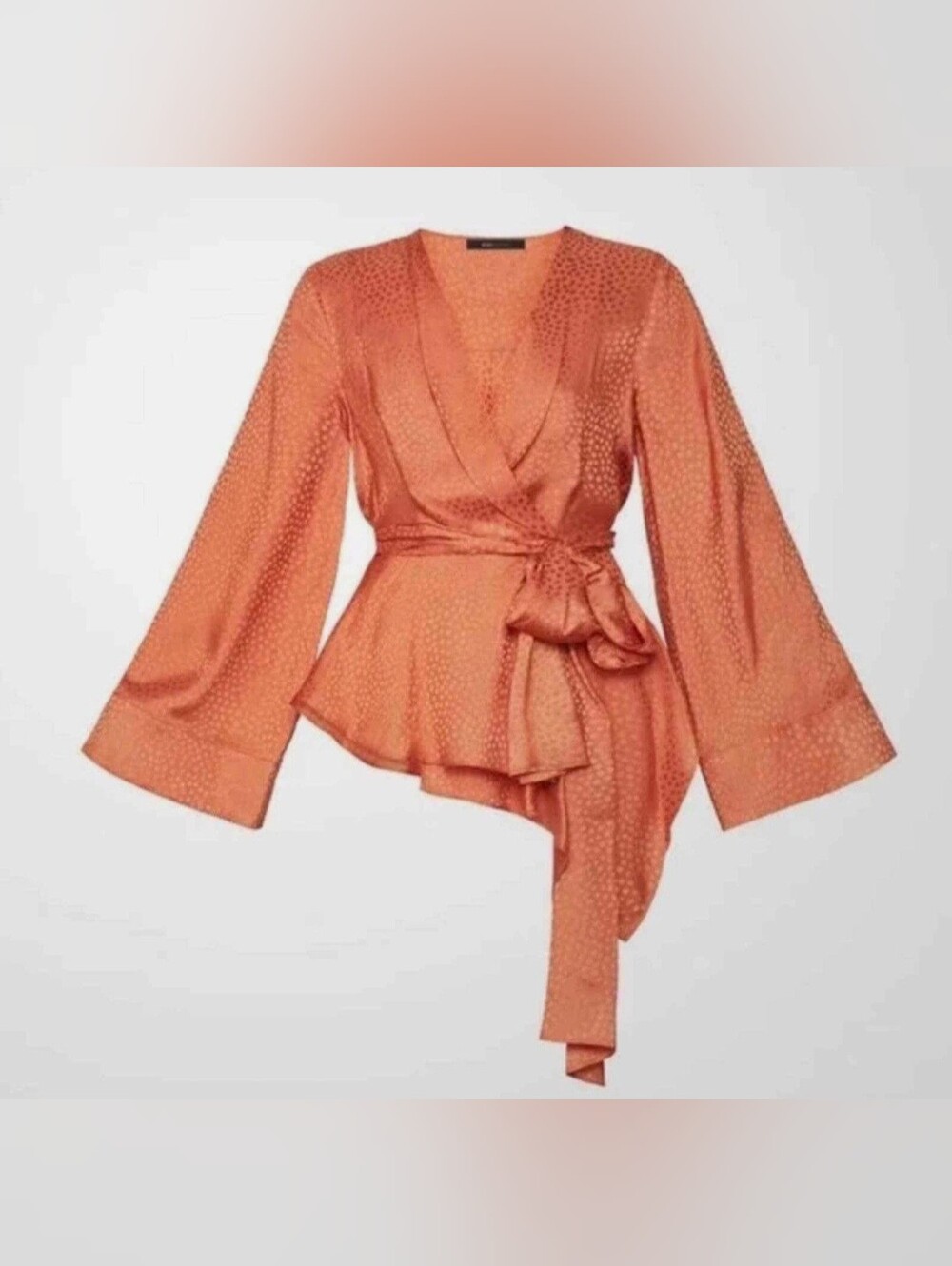 BCBG Max Azria | Textured Satin Bell Sleeve Wrap Top Blouse | Papaya | XS - Picture 5 of 12
